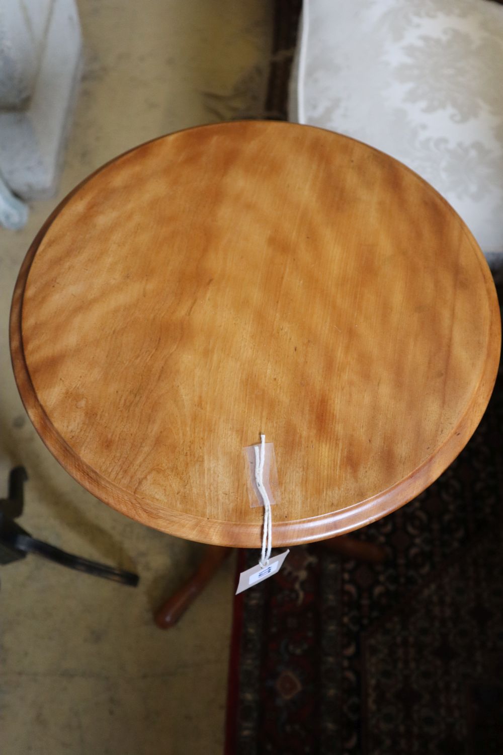 A Victorian satin walnut tripod wine table, 35cm diameter together with a Victorian painted tripod table